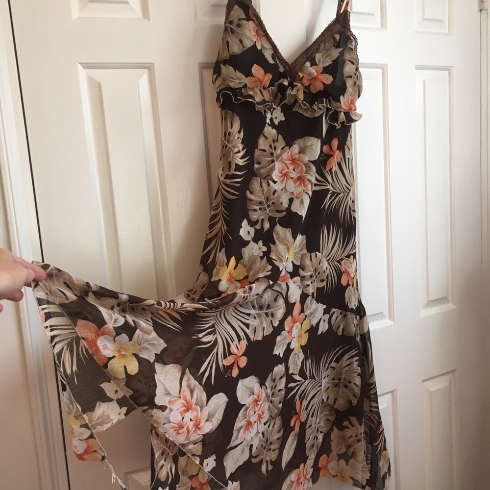 Lorena paris summer floral flair spaghetti strap dress M 8 brown